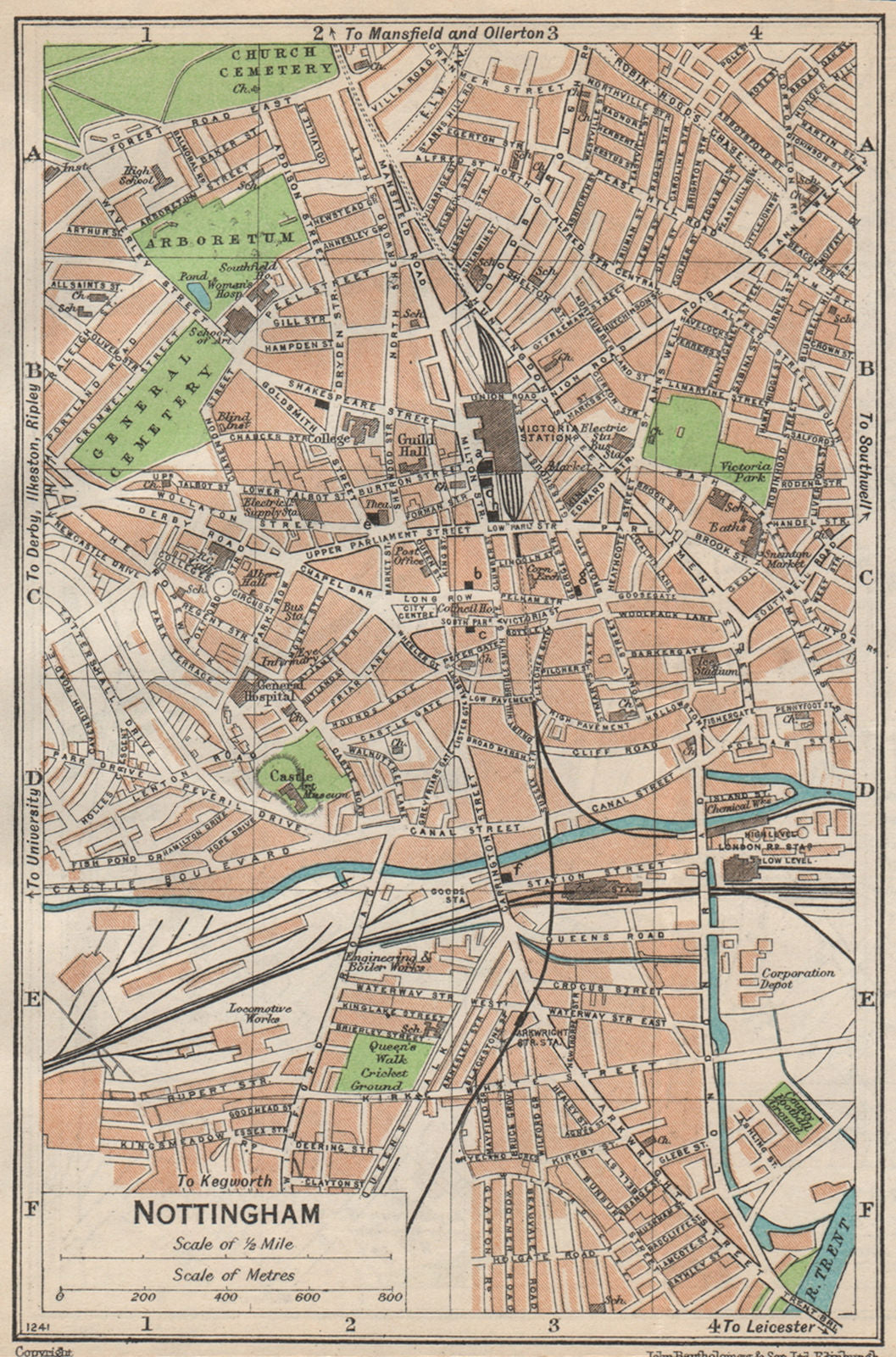 NOTTINGHAM. Vintage town city map plan. Nottinghamshire 1950 old vintage